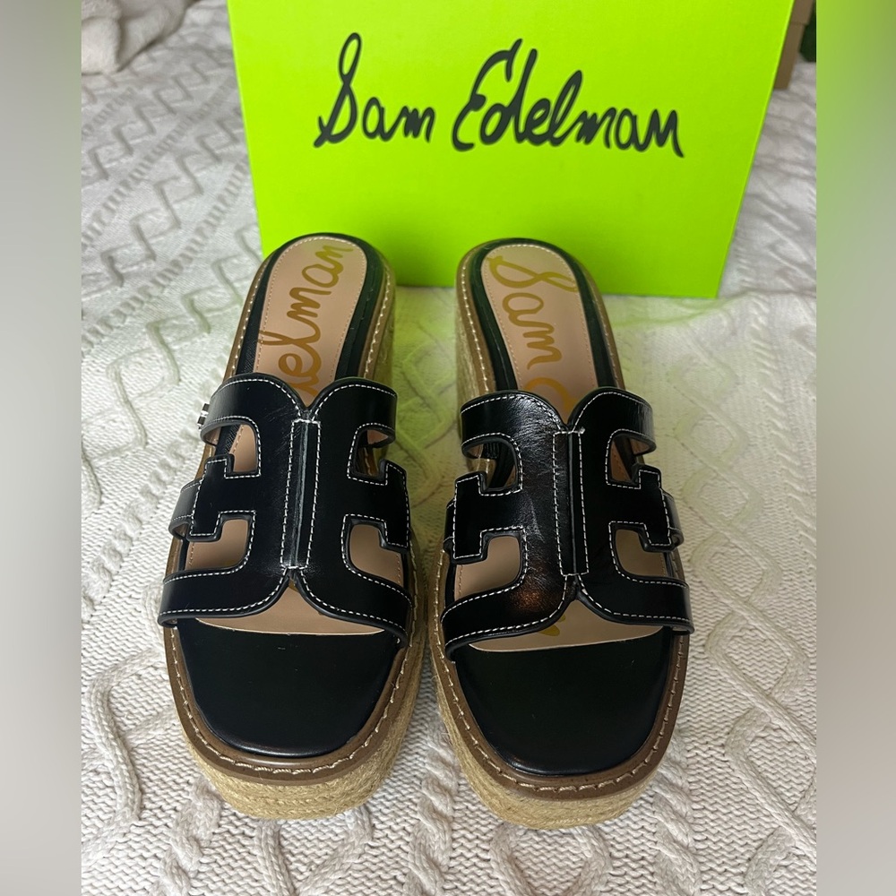 Sam Edelman Black Laine Platform Wedge Sandals Leather Women’s Size 9.5 - Picture 14 of 16